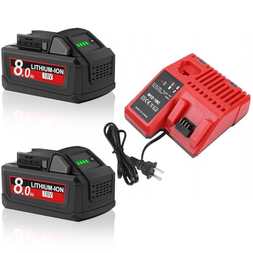 2Pack 8.0Ah Replacement for Milwaukee M18 Battery Charger 18 Volt Battery with Charger Compatible with 18V 48-11-1810 48-11-1815 48-11-1820 48-11-1850 48-11-1828 48-11-1860 Cordless Power Tools