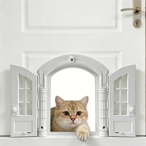 Retro-Doppeltür-Katzentür mit Schloss, langlebige ABS-Kunststoff-Haustiertür für Innentüren, einfaches DIY-Installationsset für durchschnittliche Katzen unter 9 kg, weiß-schwarzer Kaffee, 24 x 27,5 x