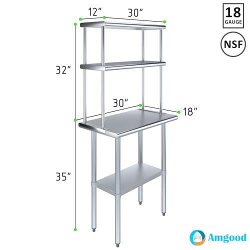Image of AmGood Stainless Steel Work Table with 12 inch Wide Double Tier Overshelf | NSF Stainless Steel Table with Double Overshelves, 30 inch Long x 18 inch Deep