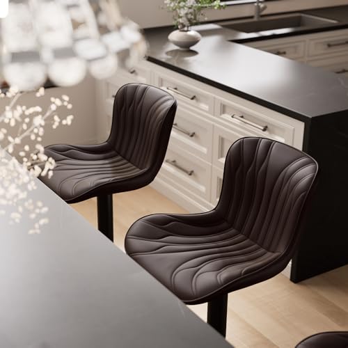 Image of Bar Stools Set of 2 Modern Kitchen Counter Chairs Swivel Barstools Brown | Faux leather upholstered island chairs with backs & metal base. Adjustable Height, easy to clean & load 300 lbs