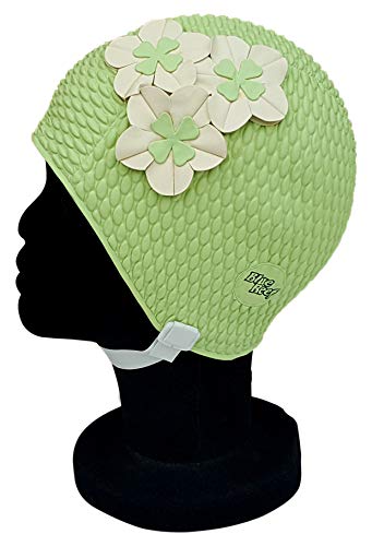 Blue Reef Tokyo Bubble Gorro de natación para mujer, diseño floral, clásico, retro, 3 flores, 2 colores, trío de pétalos 3D, elegante, vintage, talla única, para adultos, con correa ajustable