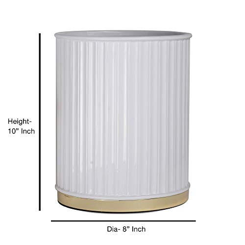 Nu Steel Pan8H Panache Collection Ceramic Wastebasket, Round Trash Can For Bathroom, Bedroom, Dorm, College, Office, 8" L X 10" H X 8" W, White Gold Finish #TOP2
