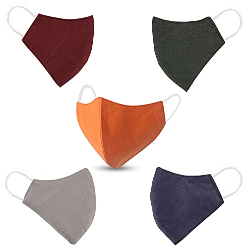 WEIRVI Unisex Cotton Plain Washable & Reusable 3 Layer Soft Cloth Face Masks without Valve for Adult (Multicolour) - Pack of 5