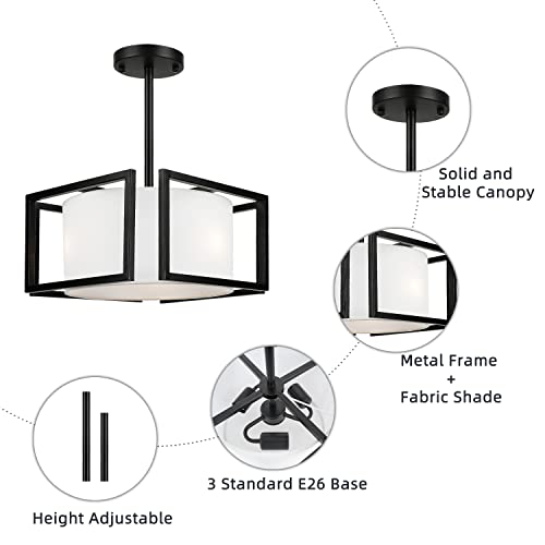 Modern Ceiling Light Fixture - Easric Semi Flush Mount Ceiling Light Industrial Light Fixtures Ceiling Mount With Fabric Shade Black Metal Frame Drum Ceiling Lights For Bedroom,Hallway,Kitchen #TOP6