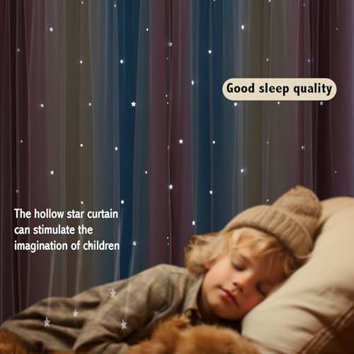 Image of indistar Colourful Stripe Star Cut-Out Blackout Curtains for Bedroom,2 Layers Mix Design of Fabric & Tulle,Pretty Window Curtain for Kids Room 1 Panel (W52 x L72 Purple /Blue)