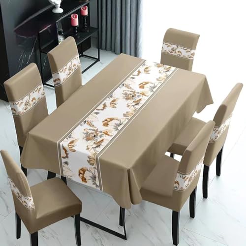 Image of Styleys Dining Chair Cover with Table Covers for Kitchen Waterproof Dining Table Cloth (1 Table Cover + 6 Chair Cover, Light Brown Flower, K723)