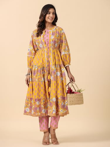 Image of SAVI Women's Cotton Printed Kurta Pant Set with Flared Shrug | Yellow & Pink Floral Print Ethnic Co-Ord Set | 3 /4 Sleeve Round Neck Traditional Outfit for Women & Girls