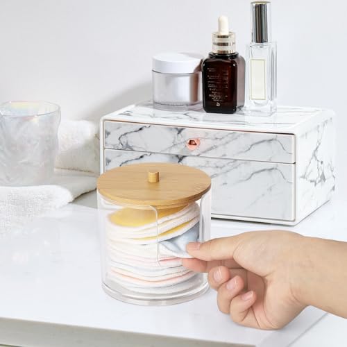 Image of Tbestmax Plastic Cotton Round Holder and Dispenser, Clear Bathroom Organizer Storage for Cotton Pads - Bamboo Lids