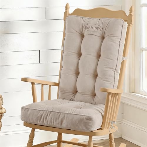 Image of Big Hippo Rocking Chair Cushions Set with Ties, Tufted Thick Back and Seat Pads for Wooden Glider & Nursery, Velour Lumbar Support to Relieve Tailbone Pain for Indoor Office (Beige)