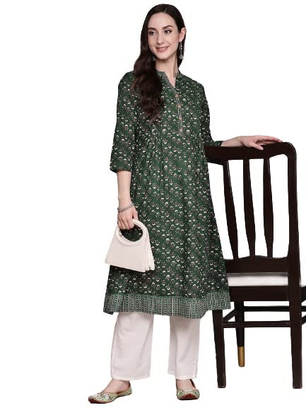 anubhutee Women's Cotton Green Ethnic Motifs Printed A-Line Kurta Deal