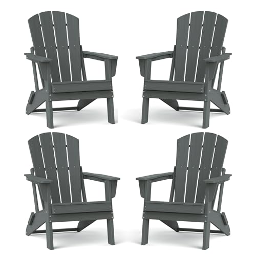 Image of Folding Adirondack Chair Set of 4, Lightweight - Portable HDPE Patio Chair, All-Weather Space-Saving Foldable Fire Pit Seating for Camping, Backyard, Deck-Grey