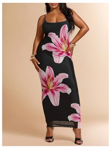 Image of BEAUDRM Women's Sexy Floral Plus Size Dress Date Night Club Cocktail Dress | Summer Vintage Mesh Bodycon Maxi Dress, Elegant Wedding Guest Dresses