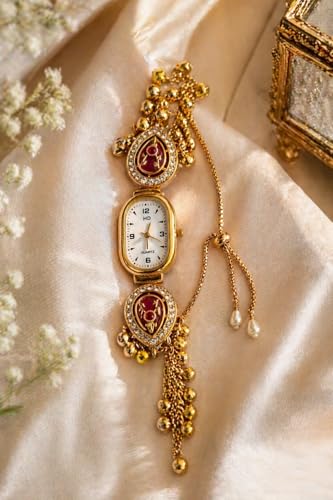 Image of Kashmiri Watch for Women, Gold-Plated, Crystal Studded Ethnic Bracelet with Pearl Charms