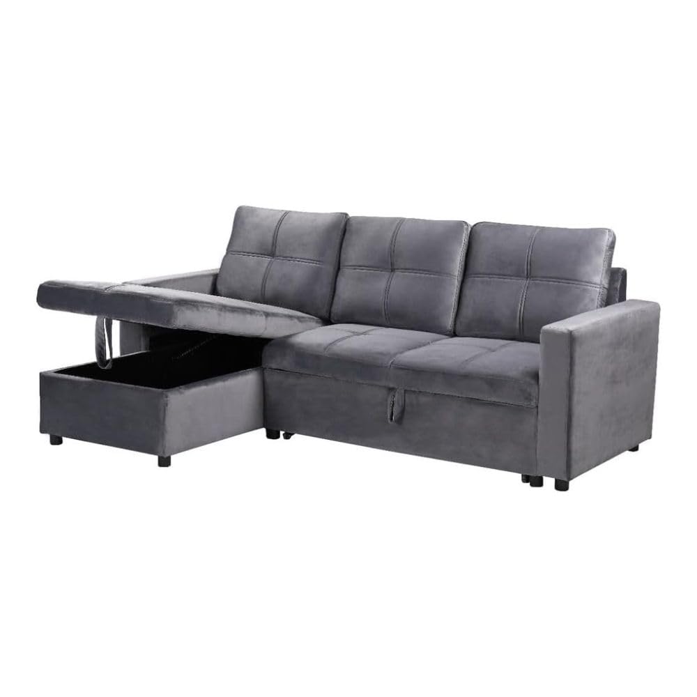 Sofá Cama Chaise Longue PAU, 215x135cm - Diseño Moderno, Almacenamiento - Color Gris Terciopelo