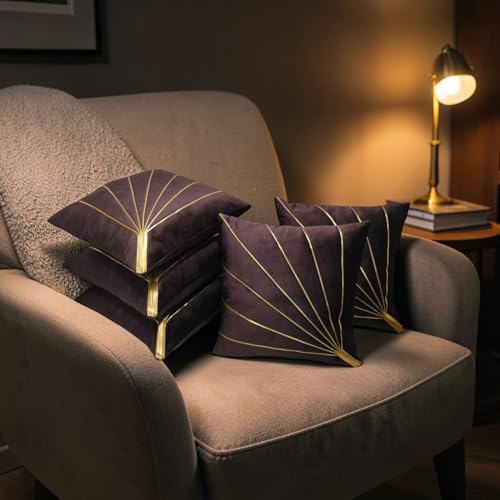 Image of Home Velvet Cushion Cover with Golden Stripes, Aqua Pack of 5, 16x16 to 26x26 Inch (Brown, 26x26in)