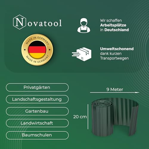 Novatool Beetumrandung 20 cm hoch I 9 Meter I Grün I Beeteinfassung Gießrand Begrenzung Garten Rasenkante Kunststoff Beeteingrenzung Rasenbegrenzung Rasenumrandungen Beetumrandungen