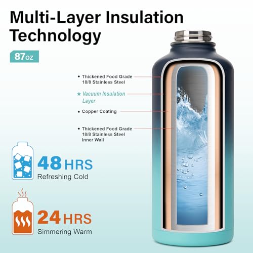 Insulated Water Bottle | Thickened Stainless Steel for Gym and Hiking with Straw, Carrier Bag, Handle Strap | BPA-Free 87 oz