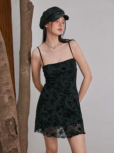 CIDER Women's Gothic Dresses Summer Mini Dress Lace Mesh Square Neck Sleeveless Spaghetti Strap Party Goth Y2K Fall2