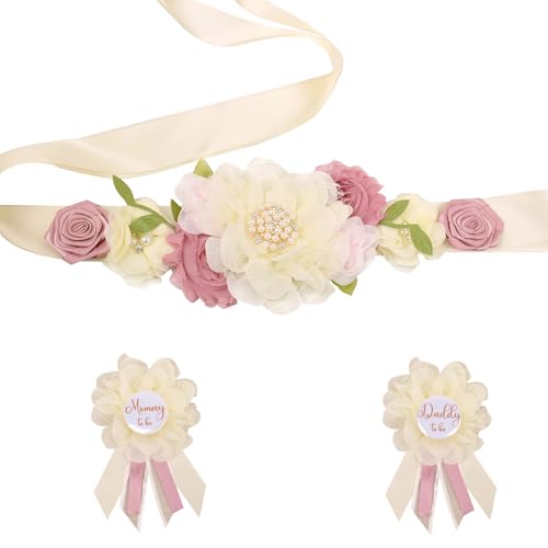 Afkengung Maternity Sash Set for The Mommy and Daddy-to-be, with Corsage Pin Flowers as Baby Shower Souvenirs.Perfect for Gender Reveal Decorations and Pregnancy Photography Props (Creamy White)