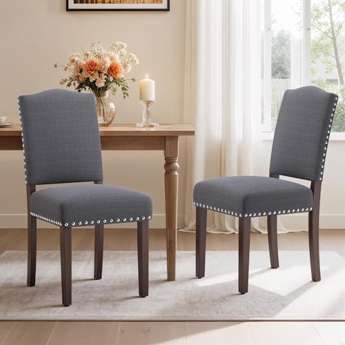 Image of Upholstered Dining Chairs Set of 2 with Thickened Seat Cushion, Wooden Mid-Century Modern Fabric Farmhouse Kitchen Chairs for Dining Room Living /Restaurant /Reading Room