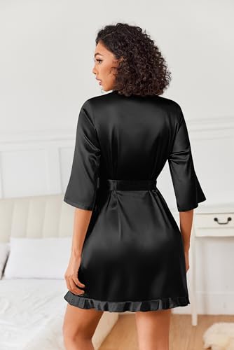 Image of Ekouaer Women's Satin Robes Short Silk Kimono Bath Robe with Pockets