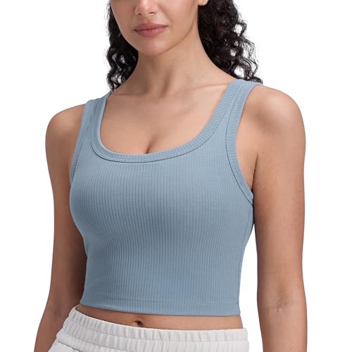 Image of CRZ YOGA Ribbed U Neck Crop Tank Tops | Medium Support, Removable Pads, Casual, Wide Straps, Longline Sports Bras for Women