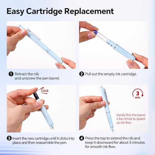 Image of WRITECH Fountain Pen Fine Nib: Black Ink Retractable Pen Set Includes 5 Ink Cartridges Smooth Writing No leaking for Gift (Blue)
