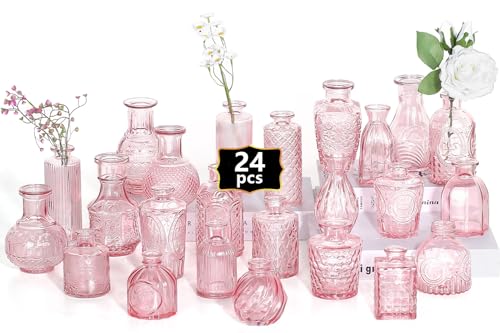 Image of Glass Bud Vases, Set of 24, Mini Flower Vases for Centrepieces, Vintage Bottles for Table Decorations, Wedding Decor, Home, Clear (24, Pink-Orange)