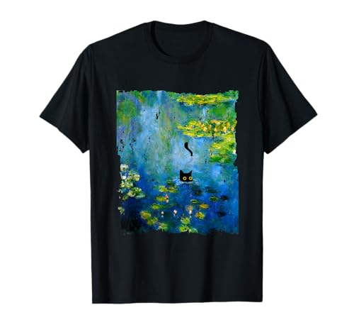 Black Cat Monets Waterlily Painting Art Cat Lover T-Shirt