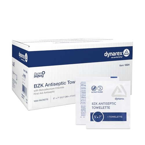 Dynarex DynaSafety BZK Antiseptic Towelettes - Sterile, Alcohol and Fragrance Free, Gentle Cleansing, Safe on Minor Wounds - 5' x 7' - Case of 1000