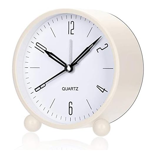 Analog Alarm Clock, 4 inch Super Silent Non Ticking Small Clock with Night Light, Battery Operated, Simply Design, for Bedroom, Bedside, Desk (White)