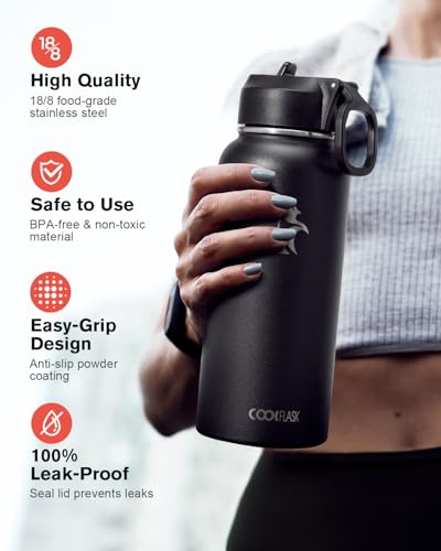 Image of Coolflask 32 oz Water Bottle Insulated with Straw & 3 Leakproof Lids