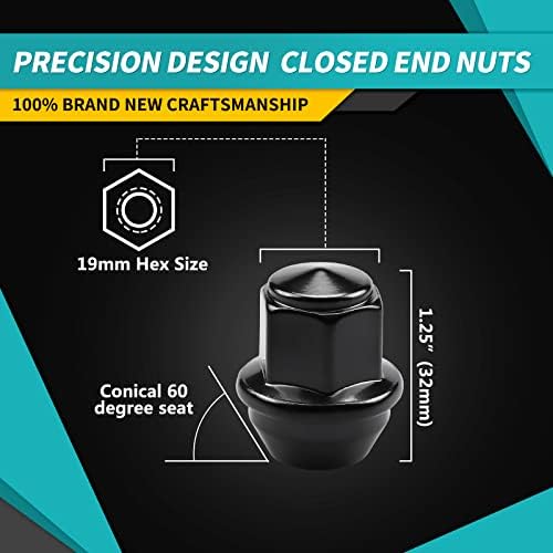 ZOFFI M12x1.5 One-Piece Black OEM Factory Style Large Acorn Seat Wheel Nuts for Most Ford Fiesta Focus Fusion Factory Wheels - 20pcs Black Closed End M12x1.5 Lug Nuts