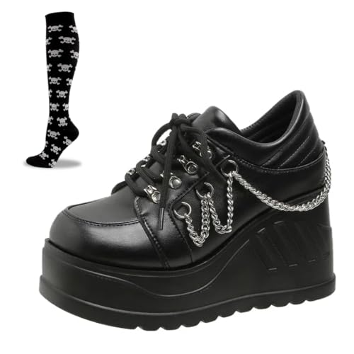 Cute Emo Shoes Platform Y2K Grunge Black Wedge Heels Low Boots with Metal Chains Charms for Women Teen Girls Chunky Goth Punk Kawaii Retro Gifts for Daughter Streetwear Back to School
