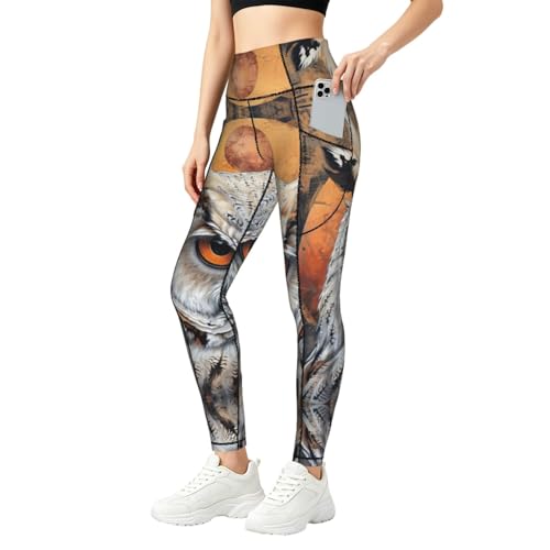 Leggings con estampado de búho y bolsillos: pantalones de entrenamiento para mujer