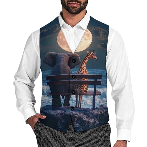 Animal Elephant Giraffe Men's Suit Vests Business Formal Dress Vest V-Neck Waistcoat for Wedding Casual
