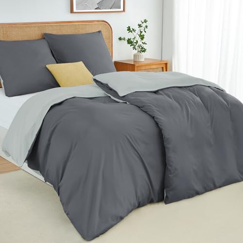 Duvetnova Bettwäsche 135x200 4teilig Grau/Hellgrau Bettwäsche-Sets Microfaser ÖKO-TEX Wendebettwäsche 135 x 200 4tlg, weich & bügelfrei 2...