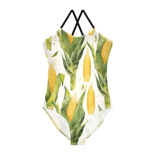 Corn Cobs Beautiful Exotic Watercolor Kids Girls 1-Piece Swimsuit Beach Swimwear with Adjustable Straps UPF 50+