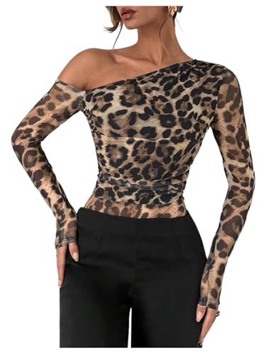 GORGLITTER Womens Mesh Cheetah Leopard Print One Shoulder Tops Bodysuit Asymmetrical Neck Long Sleeve High Cut Leotard Brown Medium