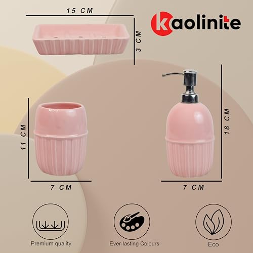 Image of Ceramic Bathroom Accessories Set for Utility and Bathroom Decor | Liquid Soap Dispenser, soap Tray, Toothbrush Holder (Exclusive Bathroom Set) (Pink)