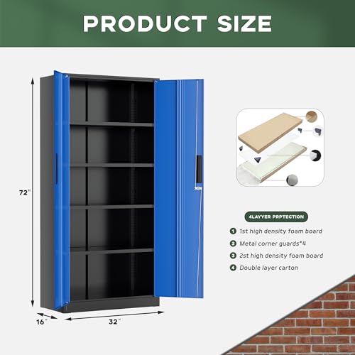 Image of Greenvelly Metal Storage Cabinet, 72 inch Locking Metal Garage Storage Cabinet with Doors and 4 Adjustable Shelves, Lockable Steel Cabinet for Home Office, Garage, Shop, School (Blue 32 inch W x 16 inch D)