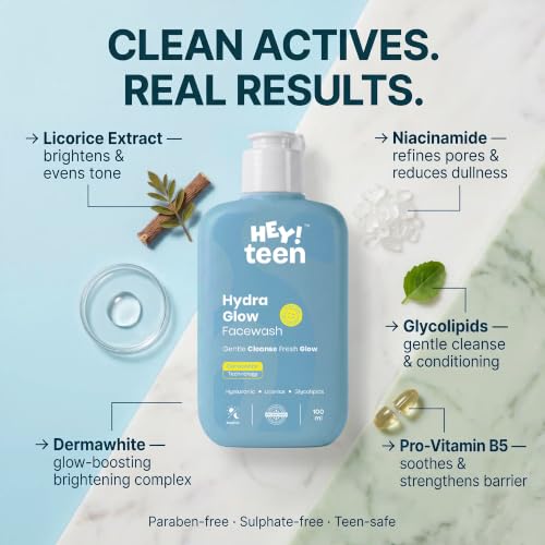 Image of HEY TEEN Glow Hydrating Face Wash for Teens & Kids (9+ Years) | Gentle Daily Face Cleanser for Teenage Boys & Girls | Dry to Normal, Sensitive Skin with Dermawhite, Glycolipids & Licorice
