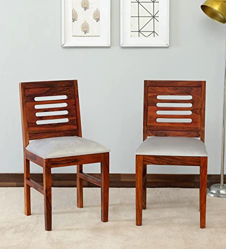 Image of Sheesham Wood Dining Chairs Set of 2 with Cushion | Dining Chair Only | Students Study Chairs | Office Chairs - Dining Room Furniture | Wooden Chair Set of 2 (White, Honey)