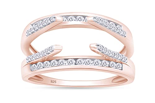 Round Cut White Cubic Zirconia Solitaire Chevron Double Enhancer Guard Ring, 14K White Gold Over Sterling Silver, Elegant Wedding Jewelry for Women