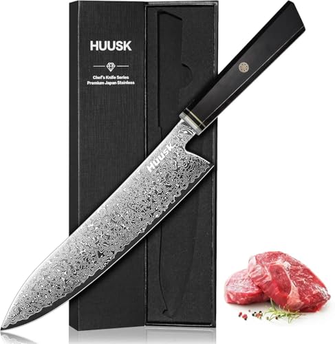Huusk Damascus Chef Knife 8 Inch, 67-Layers Damascus Kitchen Knives with Ergonomic Wood Handle,...