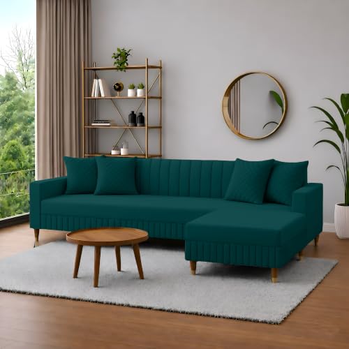Image of AMATA Omega Solid Wood 4 Seater Ocean Blue Suede Velvet Fabric Sofa Set with Four Cushions Perfect for Home Office Guests Living Room (03 Ocean Blue 04, Omega L Shape 4 SSEATER)(3 Year Warranty)