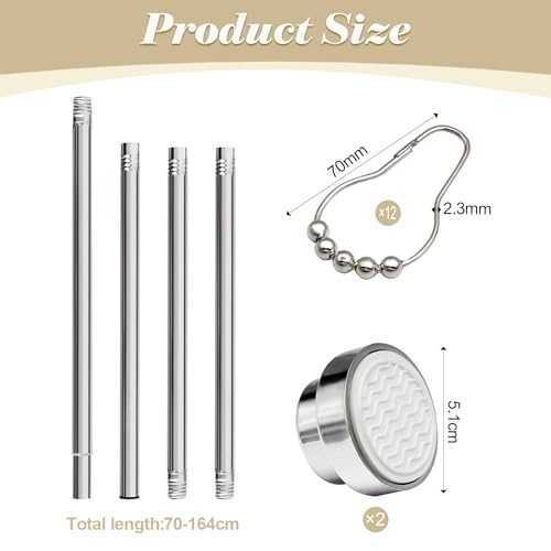 Silver Shower Curtain Pole No Drilling,Stainless Steel Extendable Shower Curtain Rod Tension Pole 70-164cm with 12 Shower Curtain Hooks for Kitchen Cupboard Bathroom Window - Image 2
