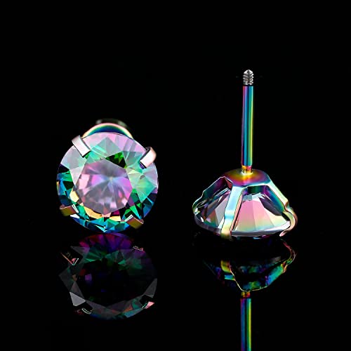 Titanium Screw Back Earrings Colorful Surgical Stainless Steel Rainbow Cubic Zirconia Fake Diamond Flat Stud 316L Hypoallergenic For Sensitive Ear For Women Men Teen Cz Twist Piercing Post #TOP5