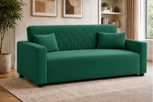 Image of Rosebell 3 Seater Wooden Sofa for Living Room, Modern Fabric Upholstered Sofa with Quilted Backrest, Cushioned Seating, Padded Armrests & Sturdy Wooden Frame - Green