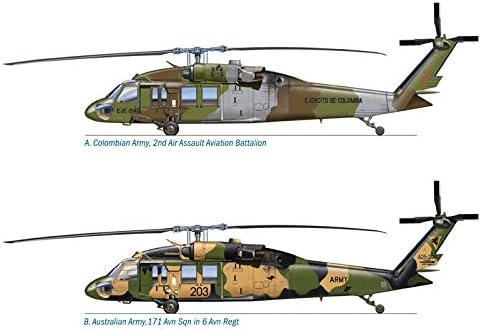 Side profile illustration of a Colombian Army UH-60 Black Hawk helicopter in a camouflage paint scheme